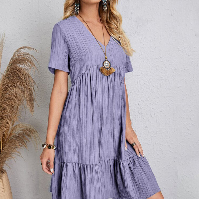Robe Boho Mini À Volants Col V Manches Courtes - Sundress Élégante Plage & Fête Été