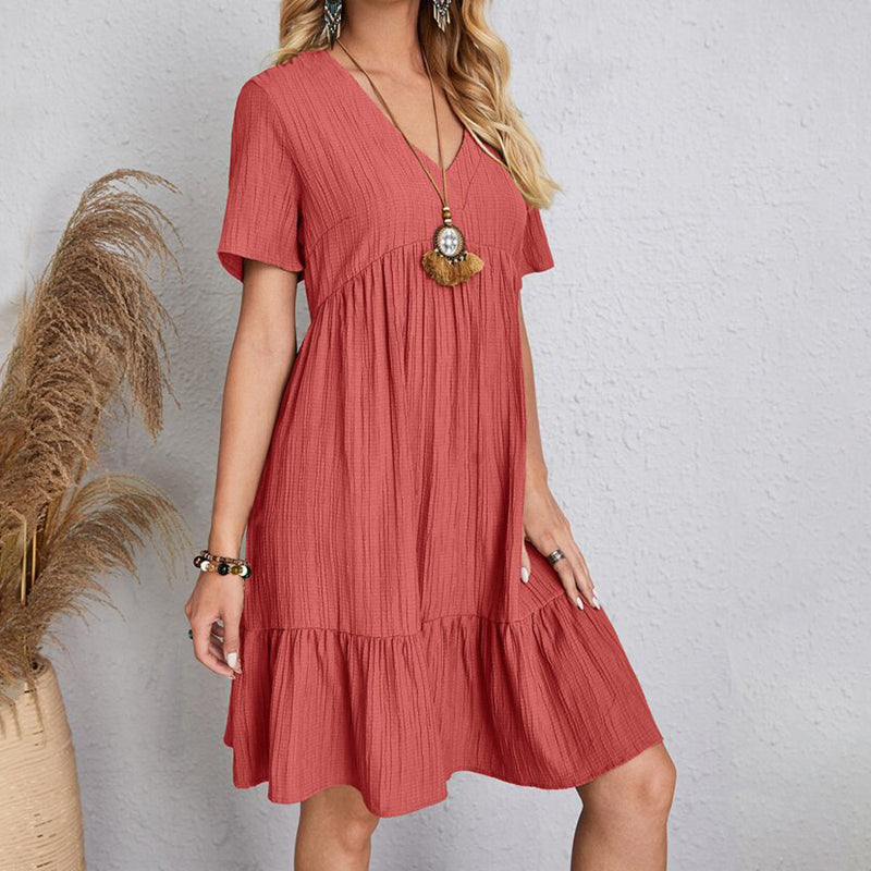 Robe Boho Mini À Volants Col V Manches Courtes - Sundress Élégante Plage & Fête Été