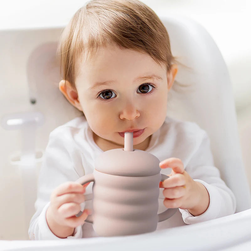 Gobelet Silicone Bébé avec Paille – Tasse Apprentissage Anti-Fuite Portable Snacks Enfant