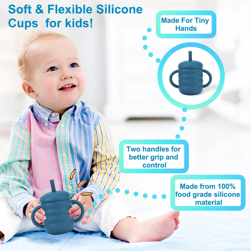 Baby-Silikonbecher mit Strohhalm – Auslaufsichere Lerntasse, tragbar, für Kinder-Snacks