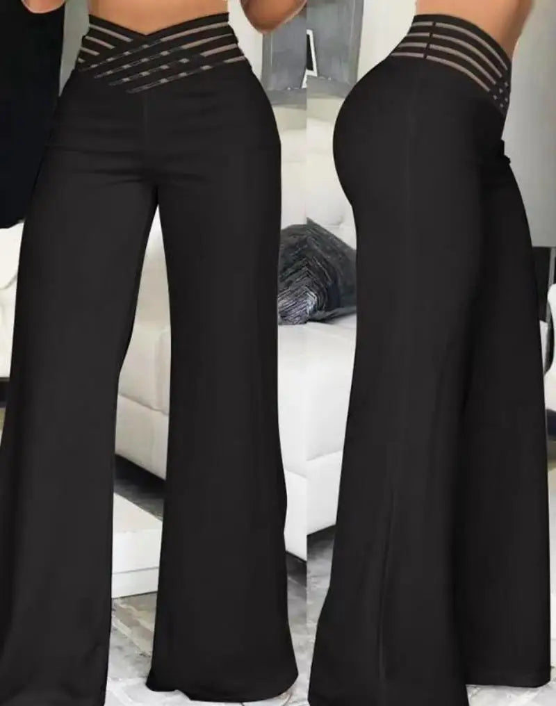 Damenhose High Waist Weites Bein Einfarbig Loose Elegant Metallic-Detail Schlaghose – Hose Büro Casual Chic Sommer | Urlaub