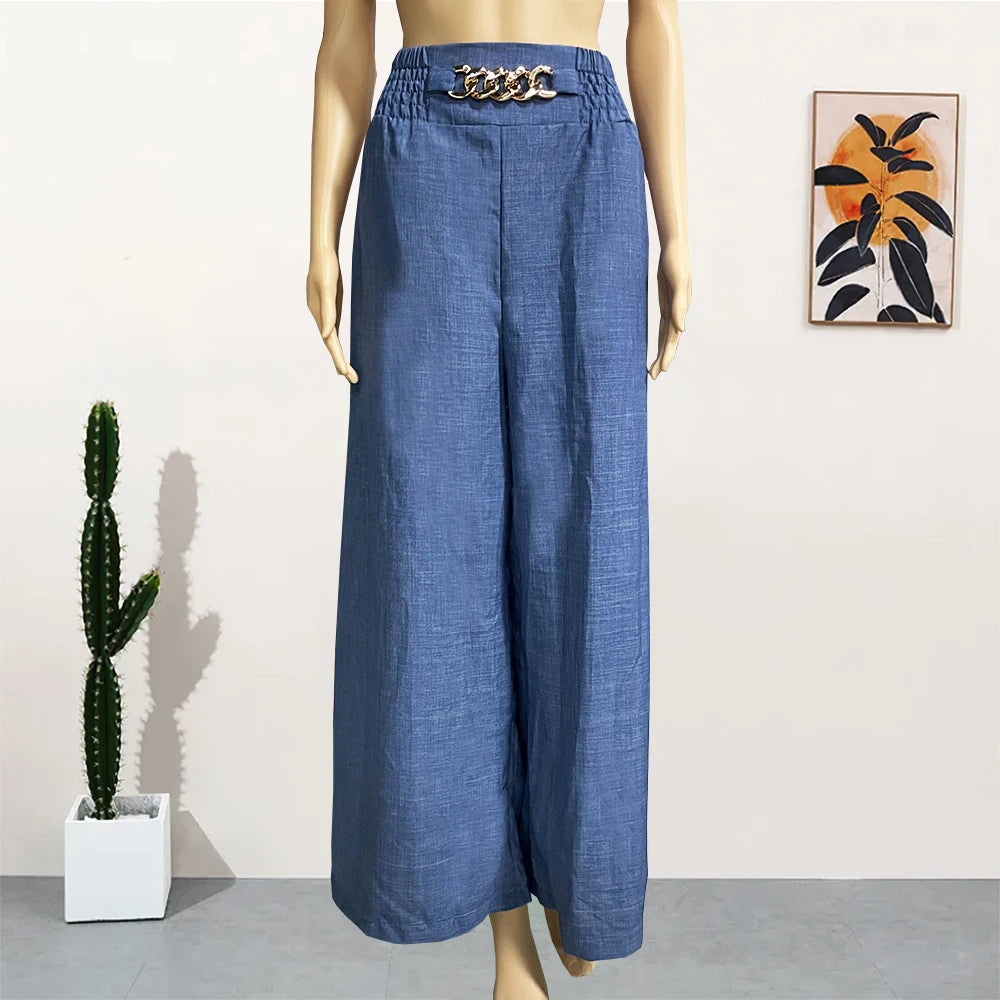 Damenhose High Waist Weites Bein Einfarbig Loose Elegant Metallic-Detail Schlaghose – Hose Büro Casual Chic Sommer | Urlaub