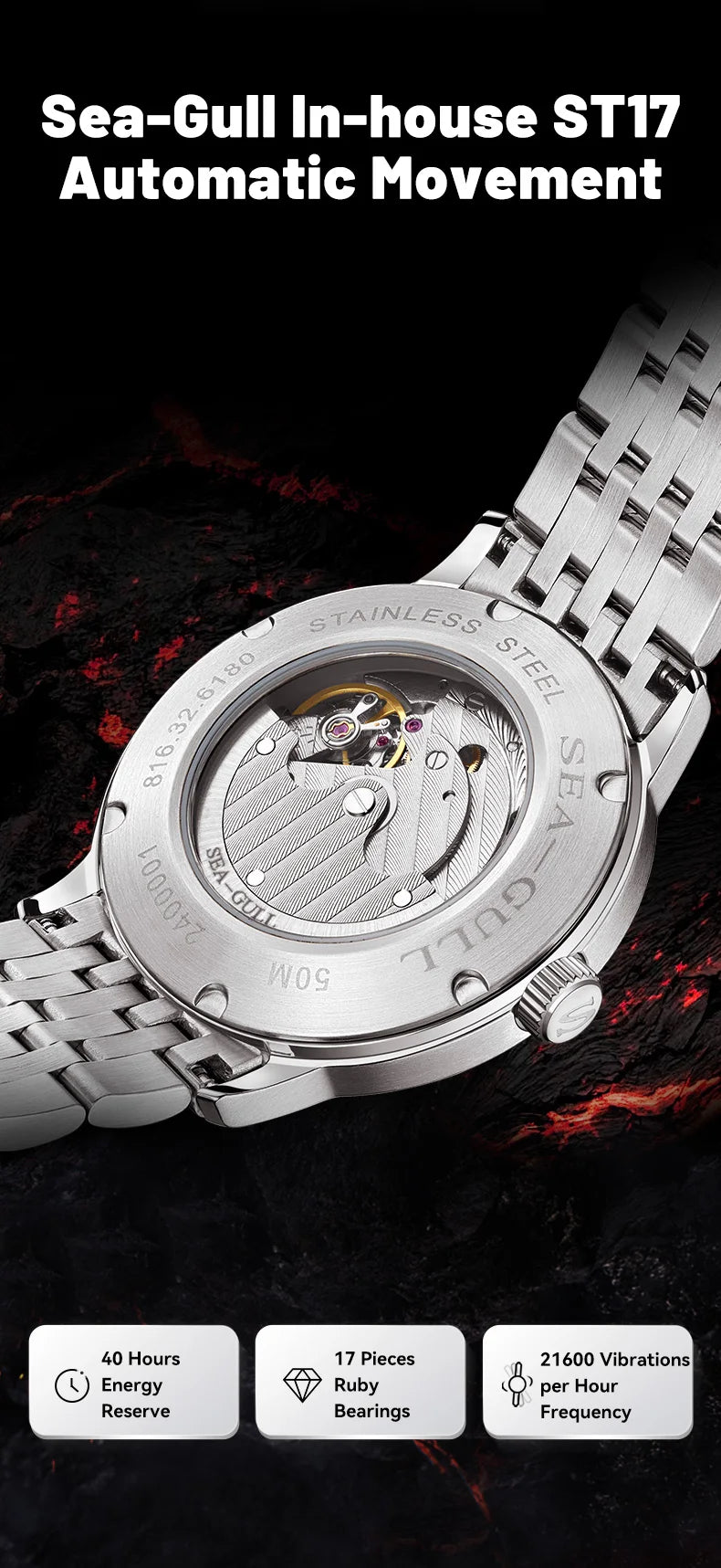 Montre Homme Seagull 6180 39.5mm Automatique – Saphir Lumineux Acier Inoxydable 2025