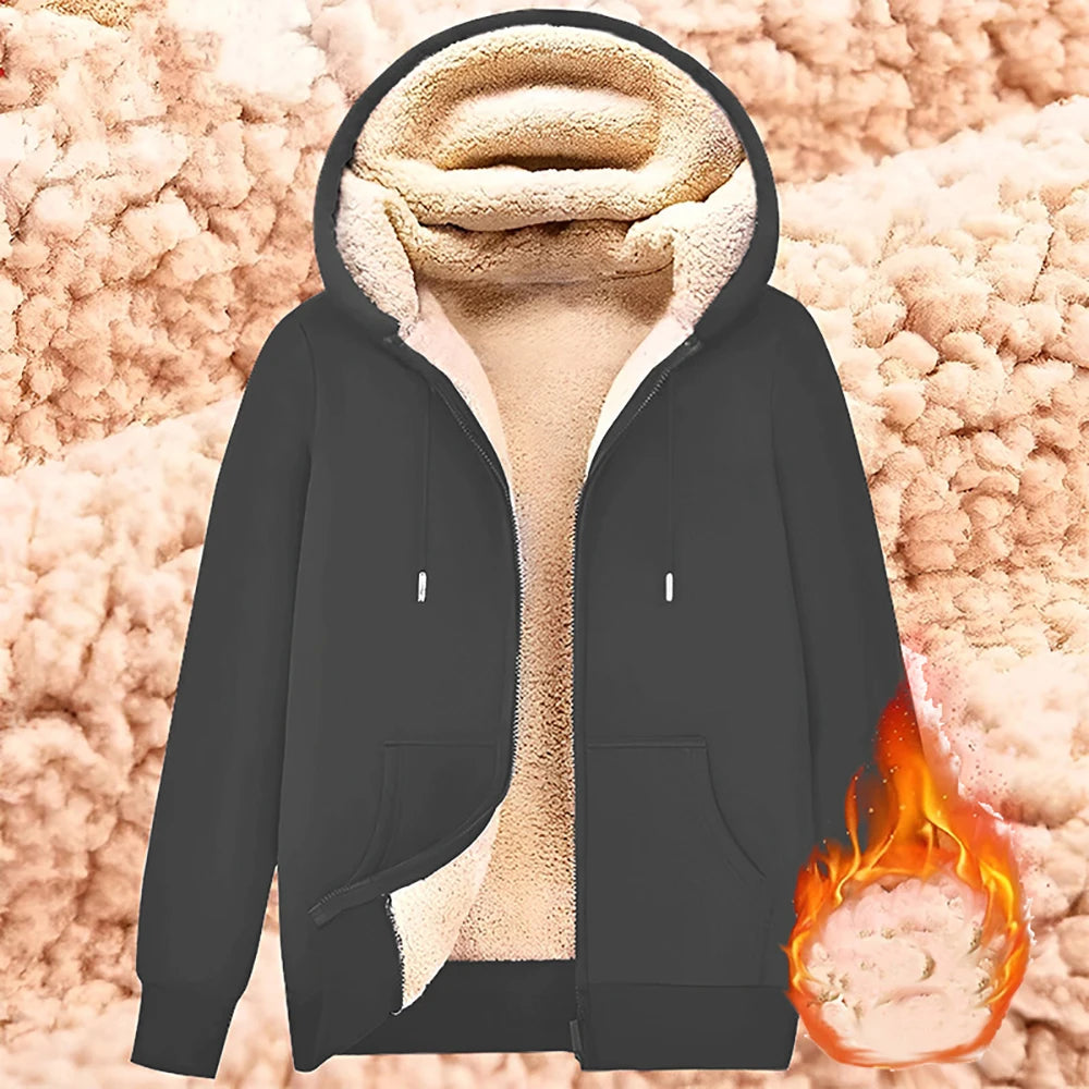 Unisex-Kapuzenstrickjacke aus Lammwolle, gefüttert mit Plüsch, Reißverschluss, Vordertaschen, warm für den Winter, einfarbig | Premium Hoodie aus Lammwolle