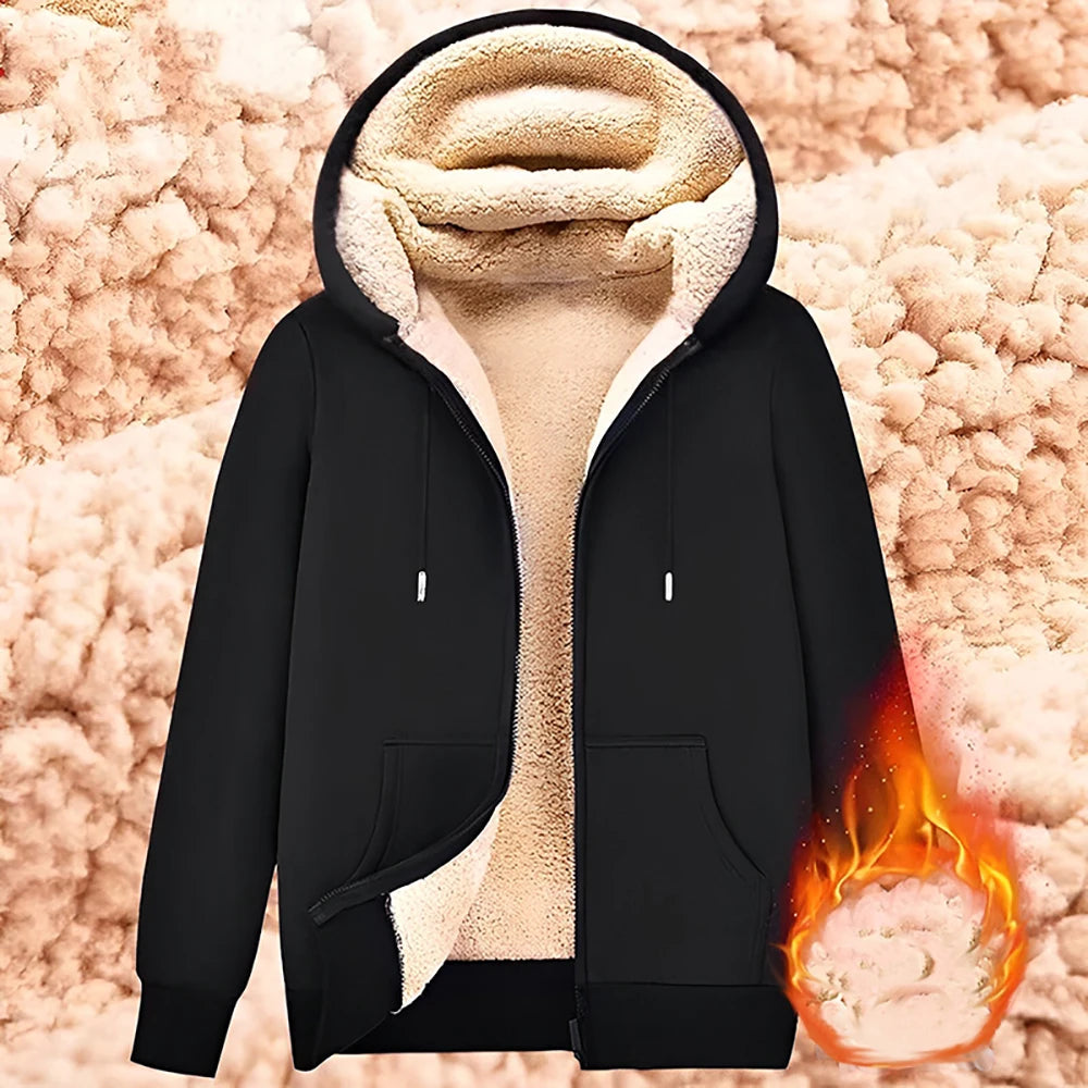Unisex-Kapuzenstrickjacke aus Lammwolle, gefüttert mit Plüsch, Reißverschluss, Vordertaschen, warm für den Winter, einfarbig | Premium Hoodie aus Lammwolle
