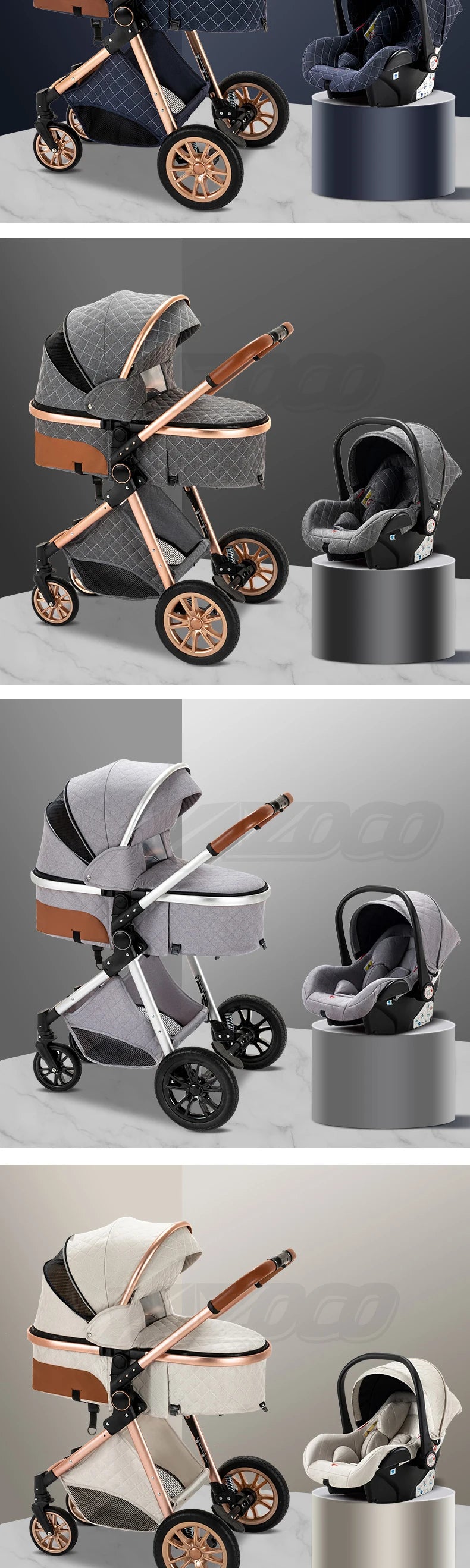 Poussette Bébé 3 en 1 Pliable Aluminium – Haute Vue, Nacelle & Siège, Voyage Compact | Nouveau-Né & Nourrisson
