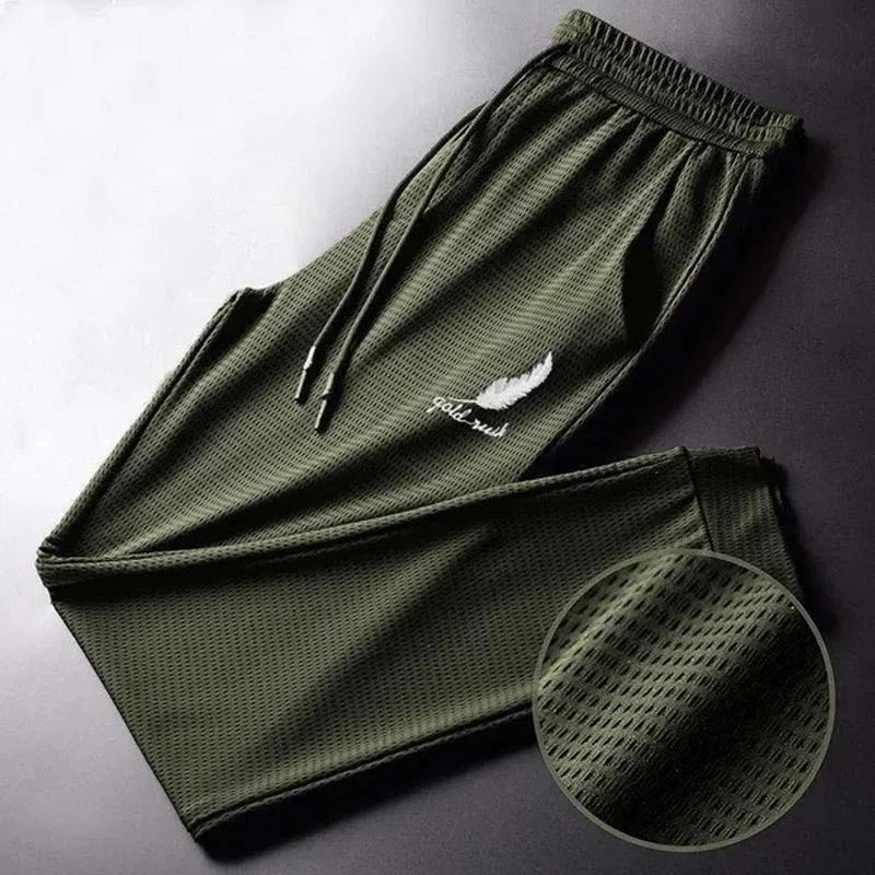 Herrenhose aus atmungsaktiver Eisseide, durchbrochenem Mesh, schnelltrocknend, lässig, leicht, locker, elastisch, mit engem Knöchel, Sport, Fitness, Sommer – Premium ultraleichte Sporthose | Premium Sportmode für Herren