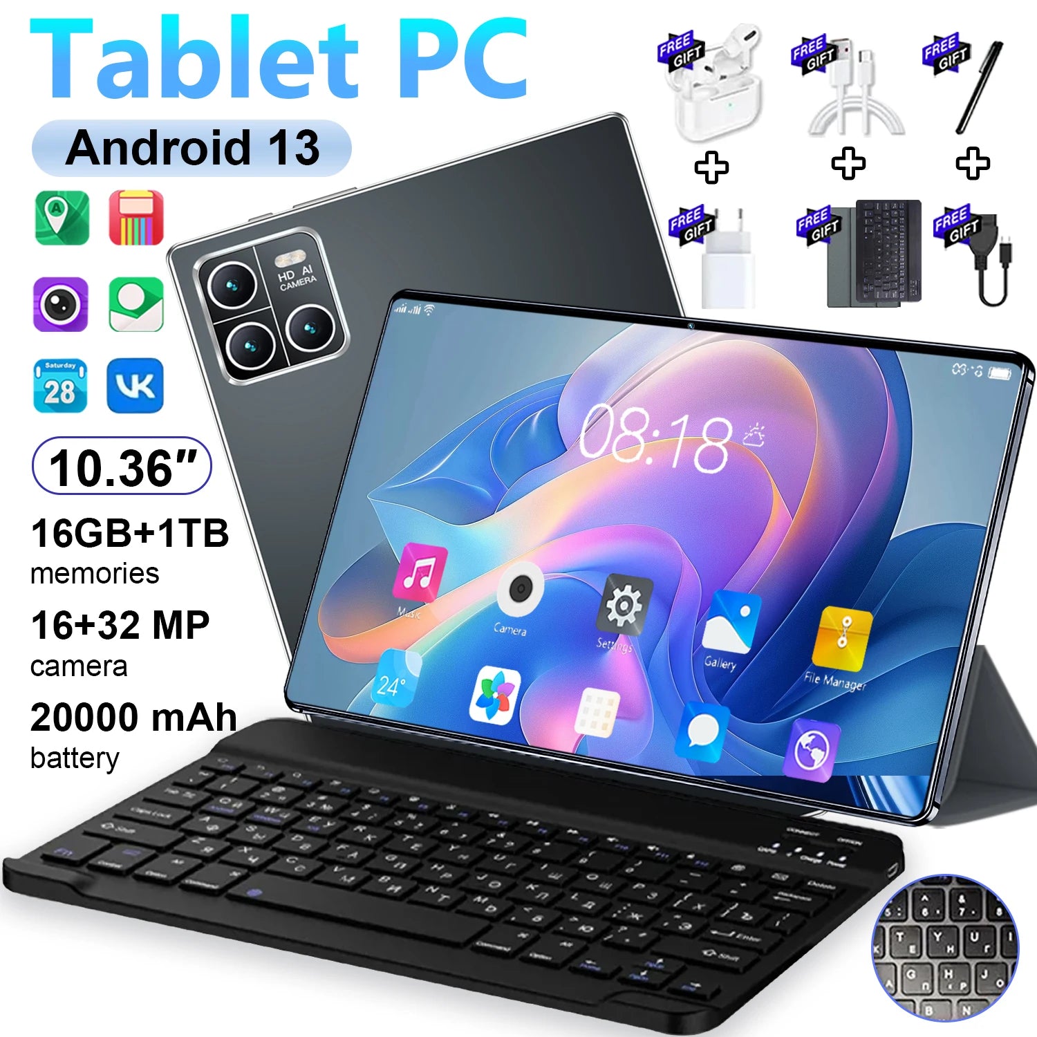 Tablette Android 13 5G 10.36" – 16GB RAM, 1TB ROM, 20000mAh, 14 Cœurs, Double SIM | WiFi Bluetooth GPS Type-C