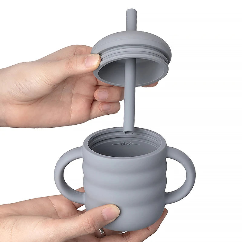 Baby-Silikonbecher mit Strohhalm – Auslaufsichere Lerntasse, tragbar, für Kinder-Snacks