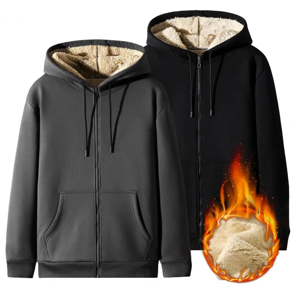 Unisex-Kapuzenstrickjacke aus Lammwolle, gefüttert mit Plüsch, Reißverschluss, Vordertaschen, warm für den Winter, einfarbig | Premium Hoodie aus Lammwolle