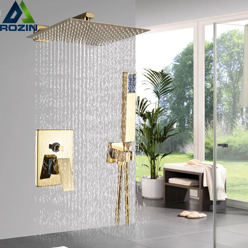 Rozin Ensemble Douche Pluie Carrée Or Encastrée – 8"/10"/12" au Choix, Mitigeur Caché & Bec Baignoire | Salle de Bain Luxe