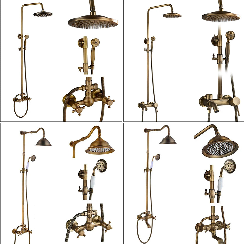 Rozin Ensemble Douche Antique Laiton Mural – Double Poignée, Douchette & Étagère Intégrée | Mitigeur Style Vintage