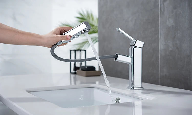 DQOK Robinet Lavabo Extractible Chrome & Noir – Laiton, Douchette Escamotable, Mitigeur Moderne | Vasque Salle de Bain