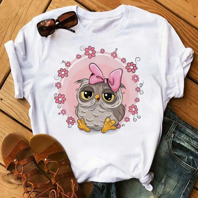 T-Shirt Femme Hibou Kawaii 🦦 – Style Harajuku Japonais | Graphic Tee Cute Manches Courtes