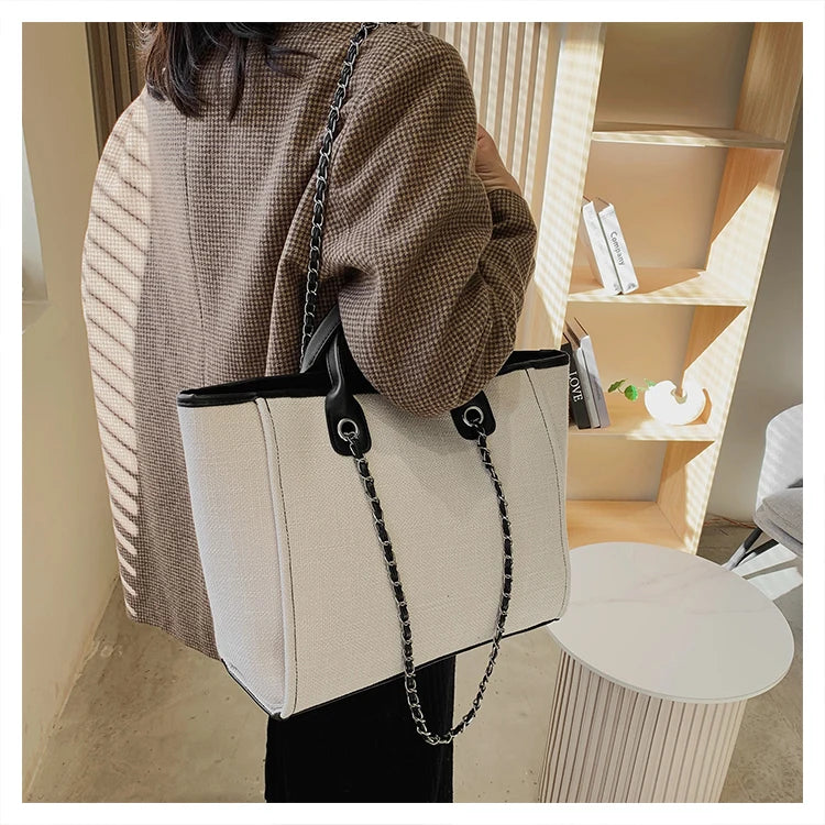 Tote Bag Femme Toile Grande Capacité – Cabas Shopping Chaînes Épaule Messenger Casual