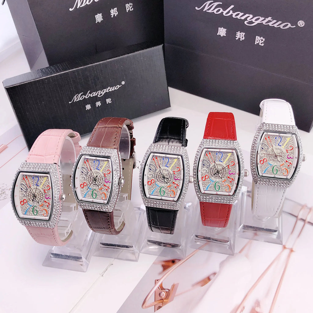 Damen Luxus Diamant Kristall Rechteckiges Zifferblatt Bunt Leder Quarz Uhr – Einzigartiges Elegantes Design