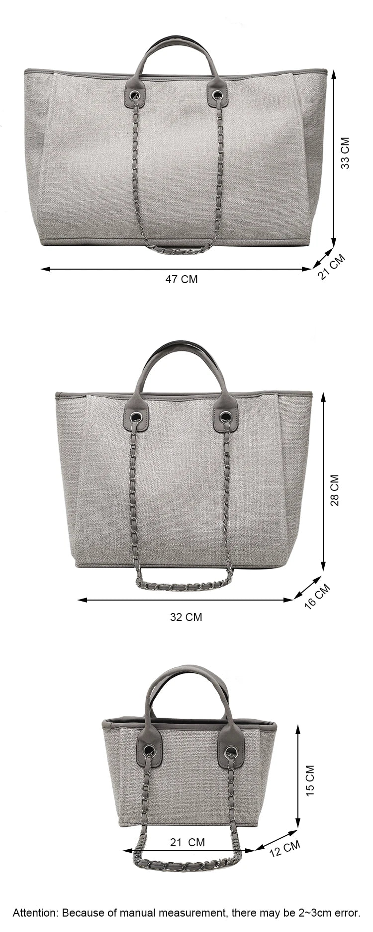 Tote Bag Femme Toile Grande Capacité – Cabas Shopping Chaînes Épaule Messenger Casual
