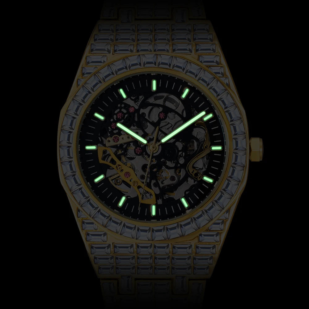 Montre Homme Squelette Or Baguette Automatique – Diamond Lumineux Luxe Étanche Collector
