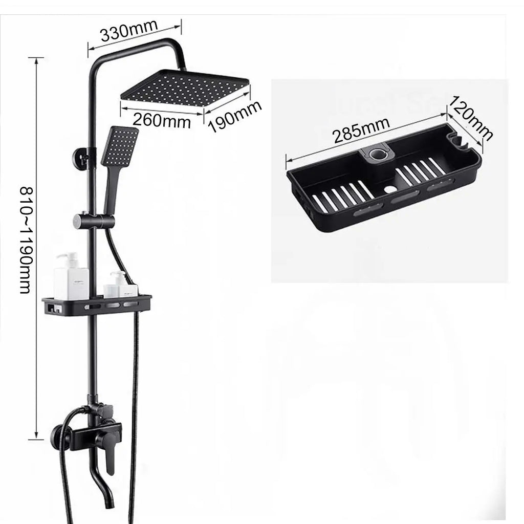 JETEVEVEN Ensemble Douche Pluie Mural Noir Mat – 3 Voies, Étagère Intégrée, Mitigeur Baignoire | Système Douche Complet