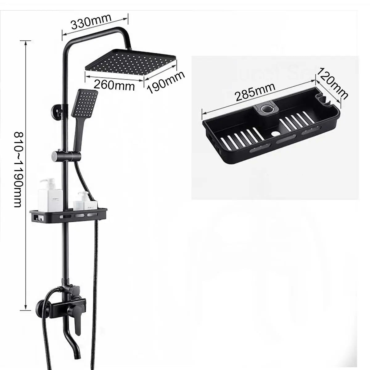 JETEVEVEN Ensemble Douche Pluie Mural Noir Mat – 3 Voies, Étagère Intégrée, Mitigeur Baignoire | Système Douche Complet