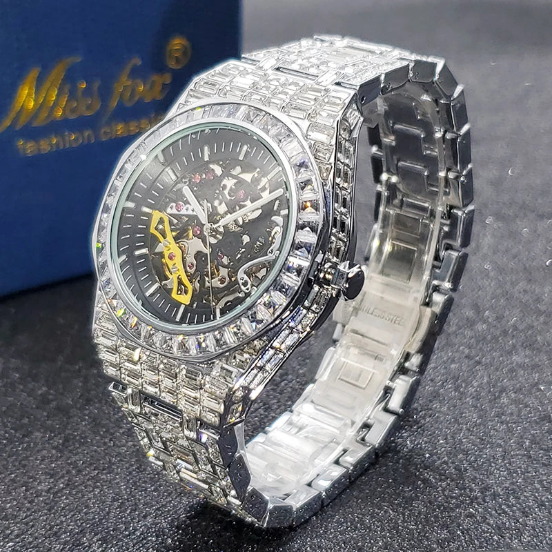 Montre Homme Squelette Or Baguette Automatique – Diamond Lumineux Luxe Étanche Collector