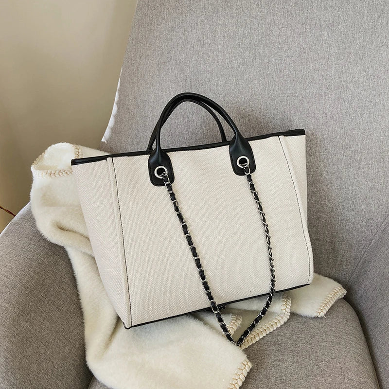 Tote Bag Femme Toile Grande Capacité – Cabas Shopping Chaînes Épaule Messenger Casual