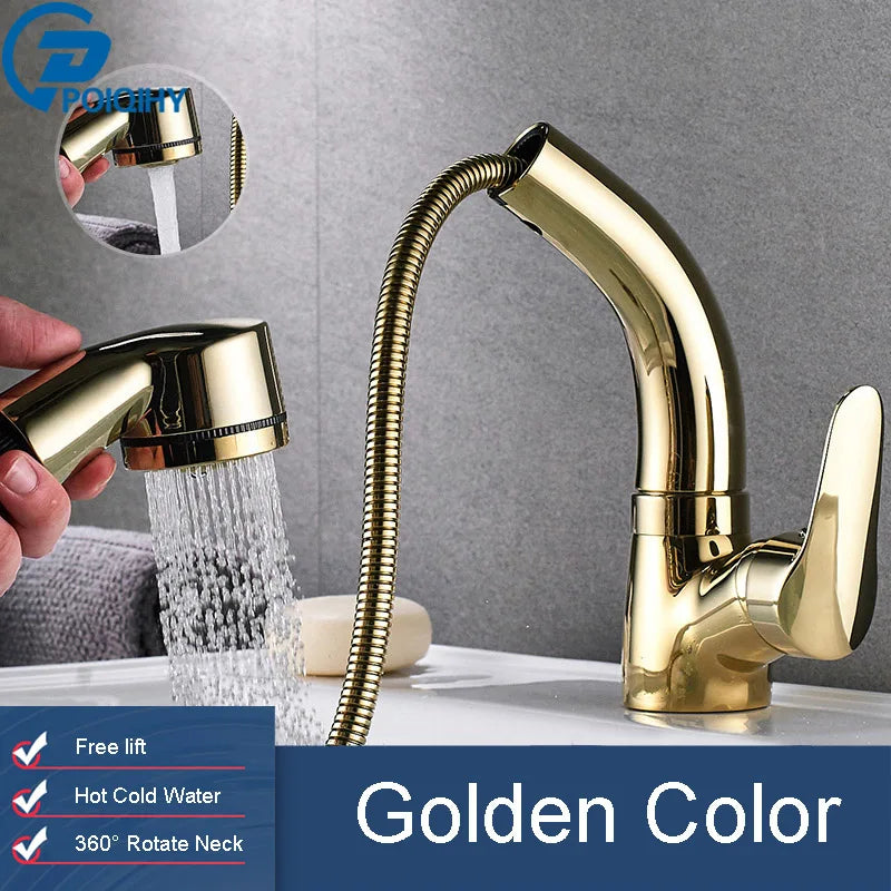 POIQIHY Robinet Lavabo Extractible Noir – Mitigeur Chaud Froid, Rotation 360°, Bec Relevable | Chrome & Noir Salle de Bain