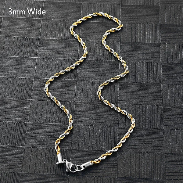 Collier Chaîne Torsadée Corde Acier Inoxydable – Unisexe Punk Argent & Or | Ras-du-Cou & Longueur Variable | Bijou Mode Homme & Femme Tendance