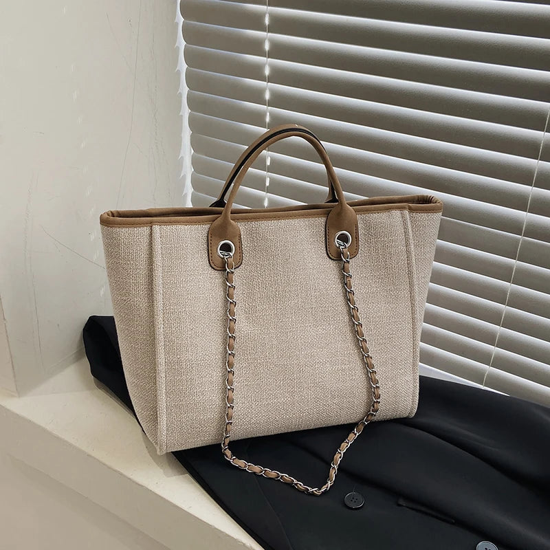 Tote Bag Femme Toile Grande Capacité – Cabas Shopping Chaînes Épaule Messenger Casual