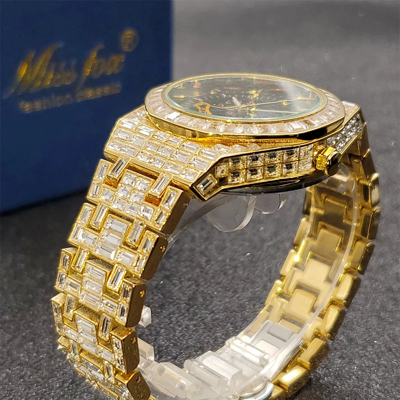 Montre Homme Squelette Or Baguette Automatique – Diamond Lumineux Luxe Étanche Collector
