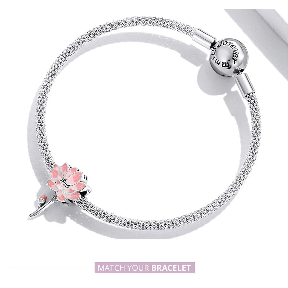 Charm Argent 925 Fleur de Lotus Rose Bamoer – Pendentif Sac & Bracelet DIY | Bijou Fin Femme Premium Élégant & Symbolique