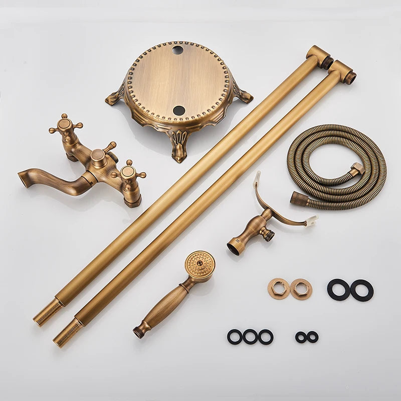 Robinet Baignoire Ìlot Sol Laiton Antique – Double Poignée, Bec Pivotant & Douchette | Style Vintage Salle de Bain