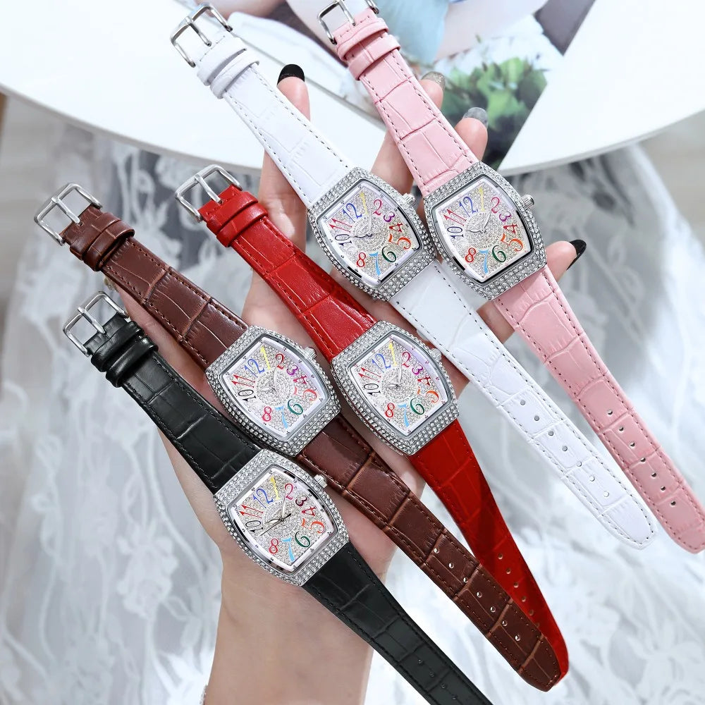 Damen Luxus Diamant Kristall Rechteckiges Zifferblatt Bunt Leder Quarz Uhr – Einzigartiges Elegantes Design