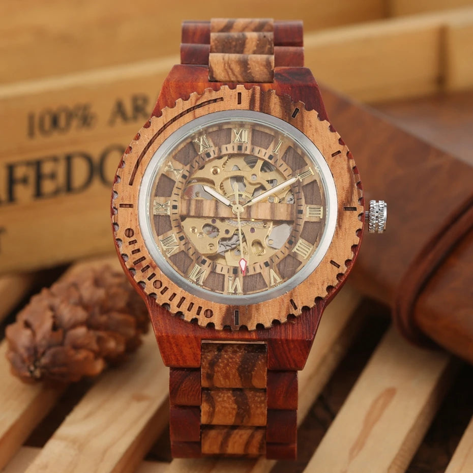 Montre Homme Luxe Mécanique Automatique Bois Bracelet Réglable – Fashion Éco-Responsable Unique