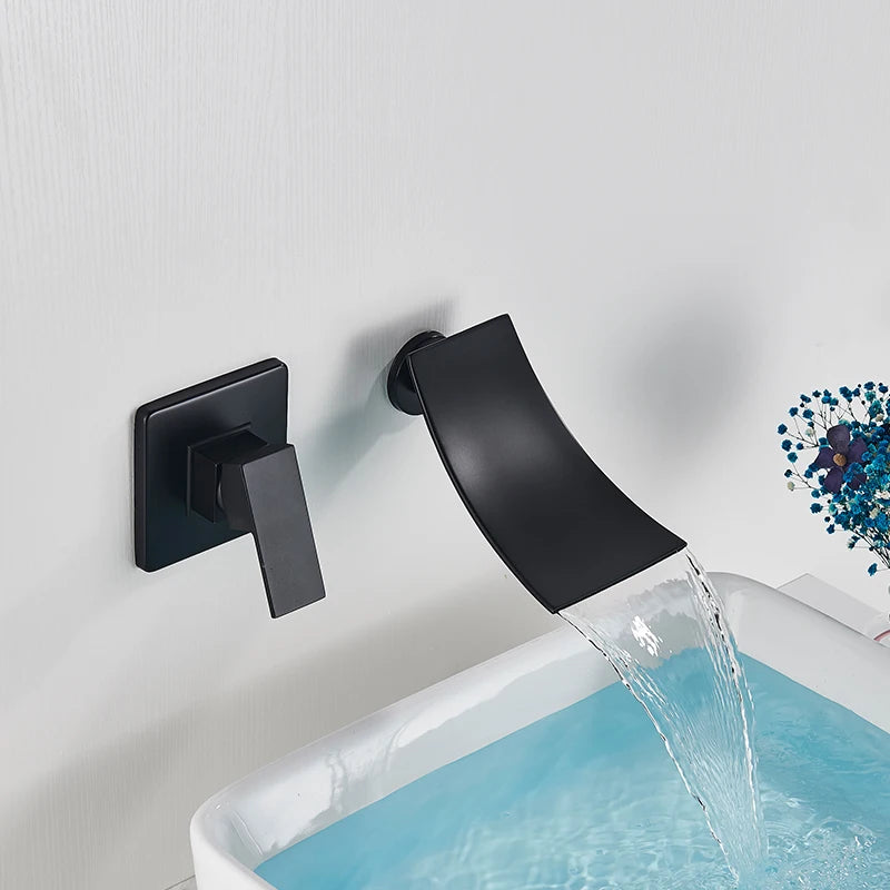 Rozin Robinet Lavabo Cascade Mural – Chrome & Noir Mat, Mitigeur Mono-Commande | Eau Chaude & Froide Salle de Bain