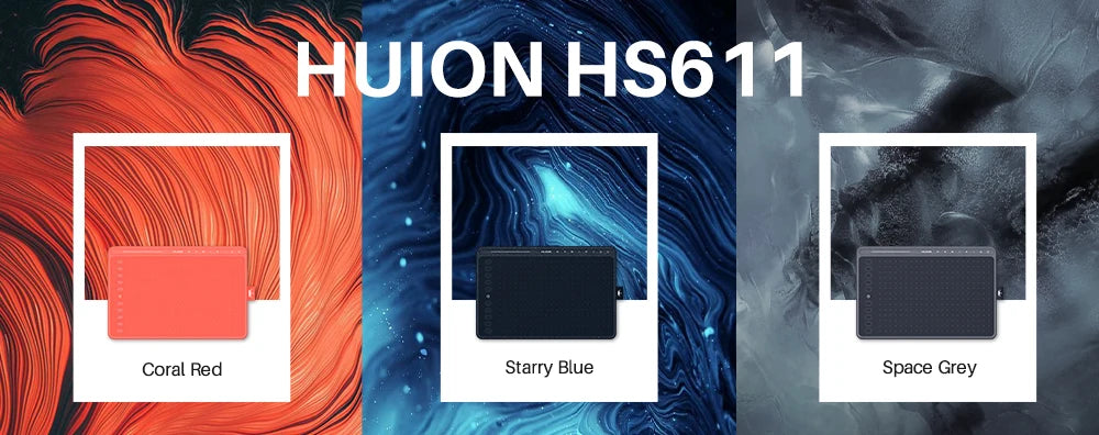 HUION HS611 Tablette Graphique – Stylet Sans Pile Fonction Inclinaison | 3 Couleurs, Touches Multimédia & Barre Media