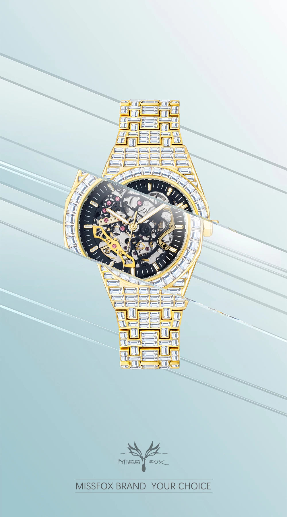 Montre Homme Squelette Or Baguette Automatique – Diamond Lumineux Luxe Étanche Collector