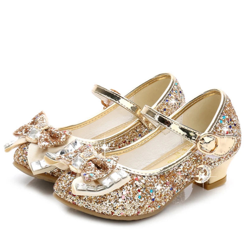Chaussures Princesse Fille Cuir Paillettes Talon – Nœud Papillon Fleur Bleu Rose Argenté