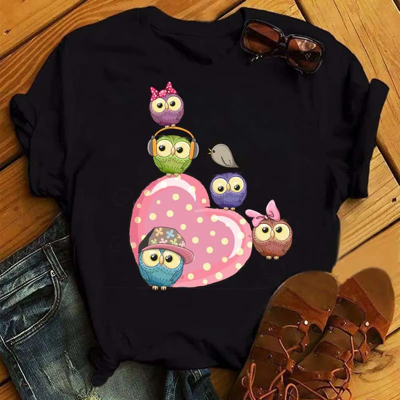 T-Shirt Femme Hibou Kawaii 🦦 – Style Harajuku Japonais | Graphic Tee Cute Manches Courtes