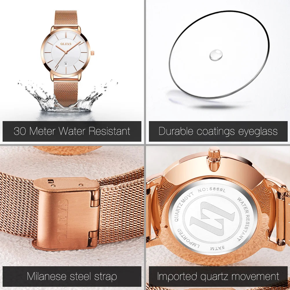OLEVS Damenuhr Quarz Wasserdicht Luxus Edelstahl Roségold Elegant Geschenkbox Inklusive | OLEVS Damen Luxus Roségold Premium Uhr