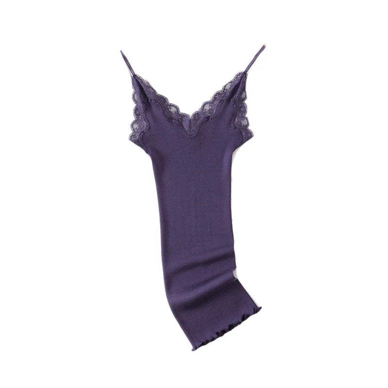 Camisole Dentelle 70% Soie Naturelle & 30% Coton - Basique Luxe Doux Couleur Unie | SuyaDream