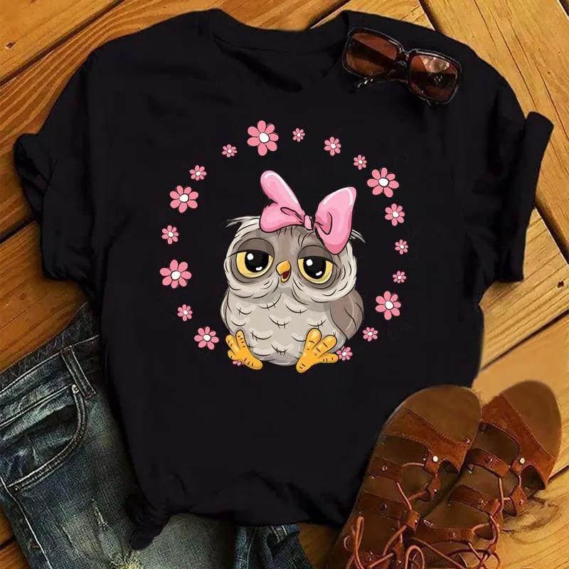 T-Shirt Femme Hibou Kawaii 🦦 – Style Harajuku Japonais | Graphic Tee Cute Manches Courtes