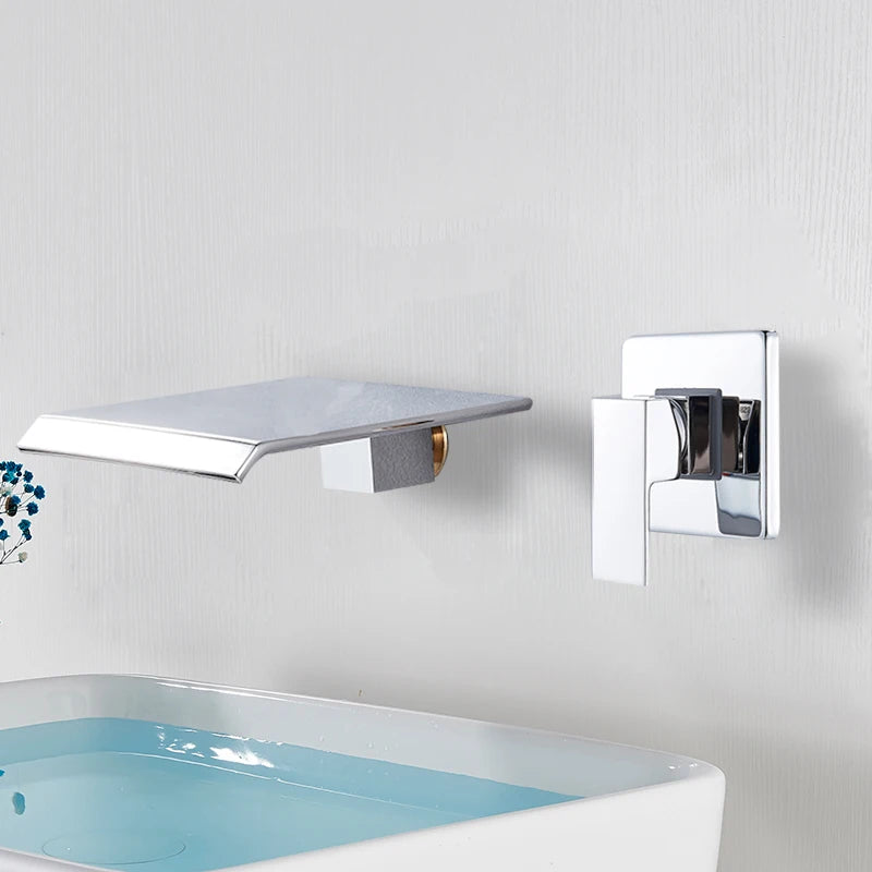 Rozin Robinet Lavabo Cascade Mural – Chrome & Noir Mat, Mitigeur Mono-Commande | Eau Chaude & Froide Salle de Bain