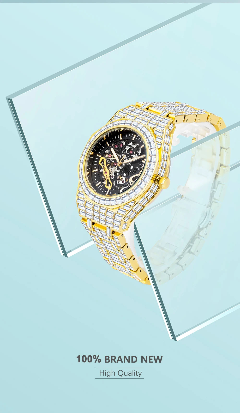 Montre Homme Squelette Or Baguette Automatique – Diamond Lumineux Luxe Étanche Collector
