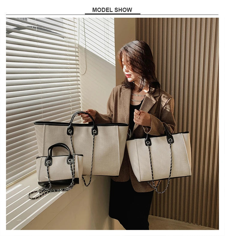 Tote Bag Femme Toile Grande Capacité – Cabas Shopping Chaînes Épaule Messenger Casual
