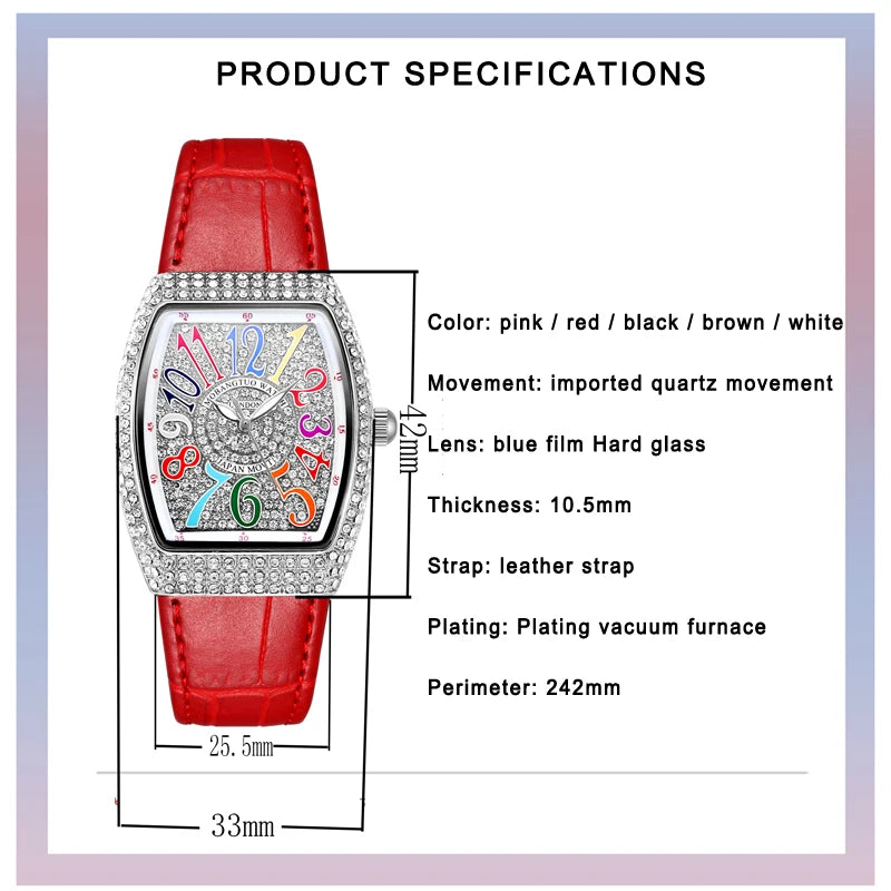 Damen Luxus Diamant Kristall Rechteckiges Zifferblatt Bunt Leder Quarz Uhr – Einzigartiges Elegantes Design