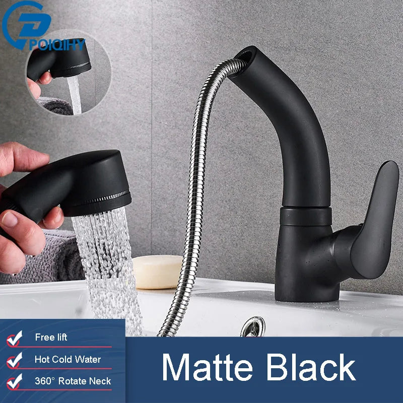 POIQIHY Robinet Lavabo Extractible Noir – Mitigeur Chaud Froid, Rotation 360°, Bec Relevable | Chrome & Noir Salle de Bain