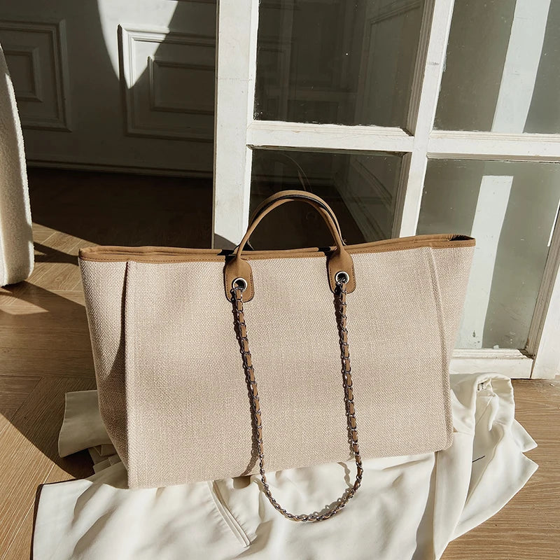 Tote Bag Femme Toile Grande Capacité – Cabas Shopping Chaînes Épaule Messenger Casual