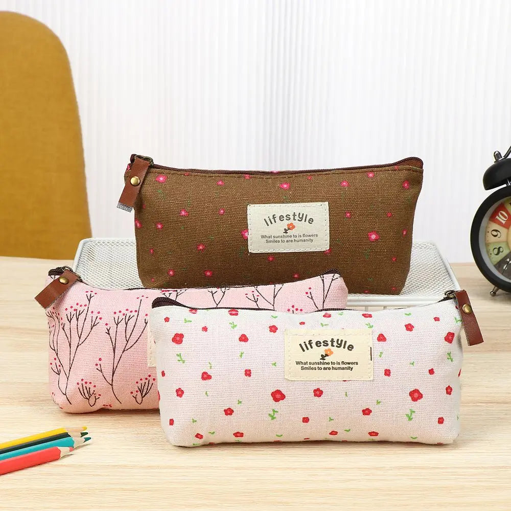 Trousse À Crayons Florale Canvas – Pochette Papeterie Mignonne Style Champêtre École