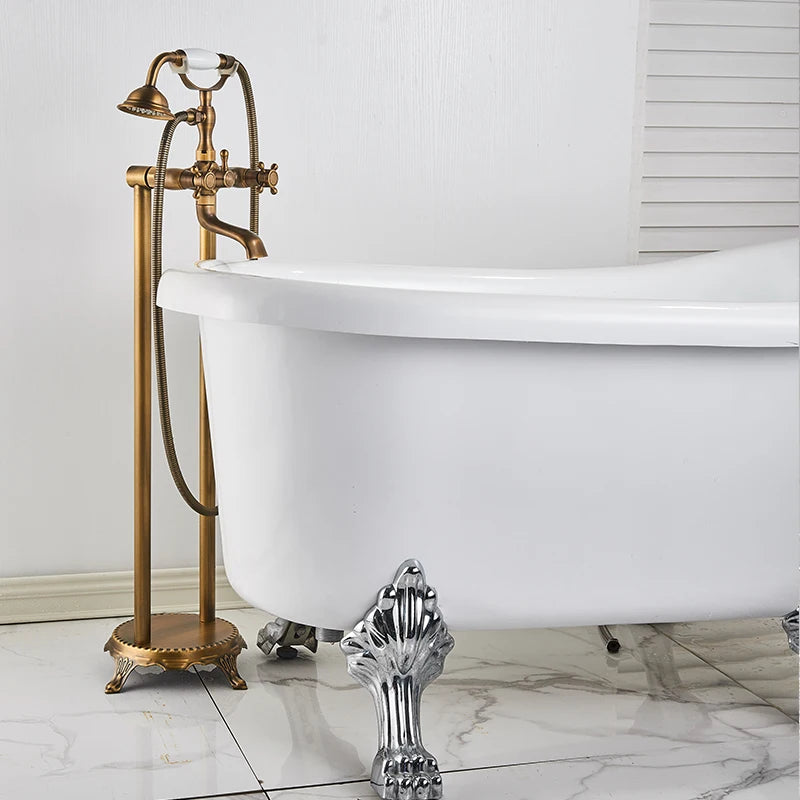 Robinet Baignoire Ìlot Sol Laiton Antique – Double Poignée, Bec Pivotant & Douchette | Style Vintage Salle de Bain